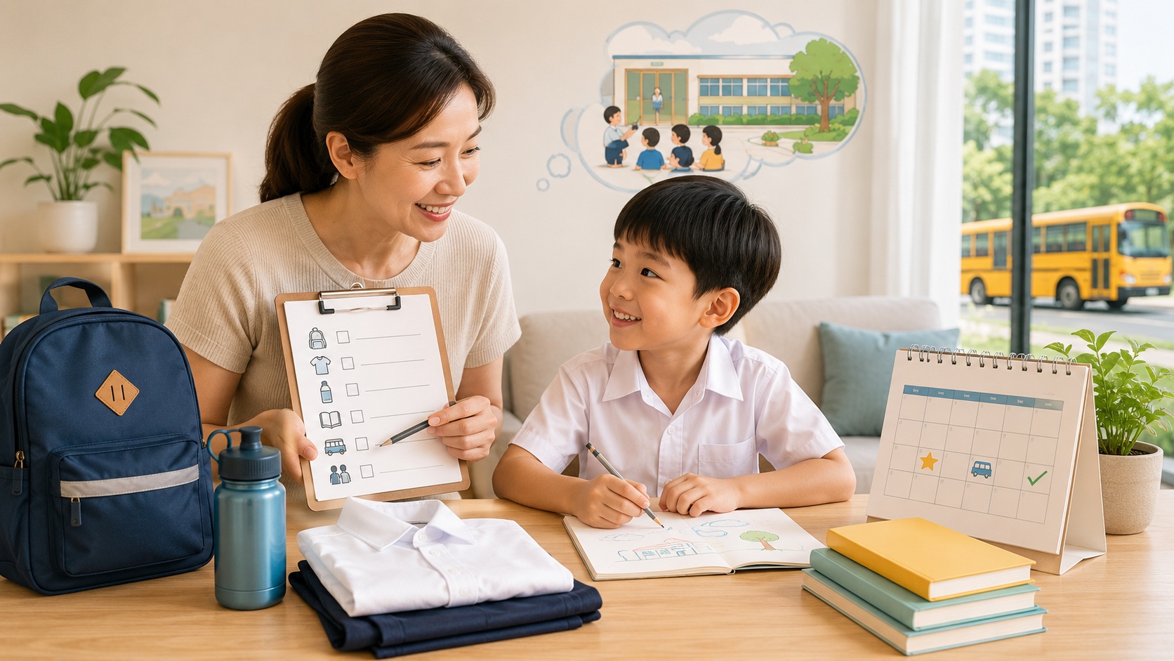 Parent helping a child prepare for Primary 1 with a school bag, uniform, books and checklist