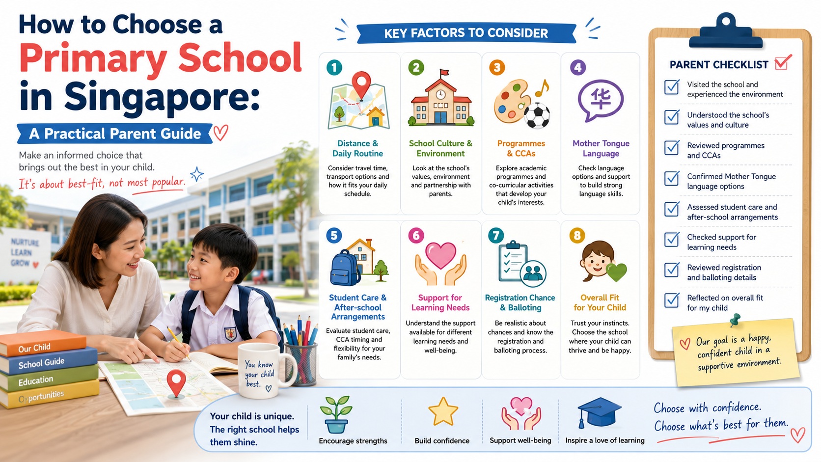 Choosing a primary school in Singapore? This practical parent guide explains how to compare schools by distance, school culture, CCAs, Mother Tongue, student care, balloting risk and your child's needs.
