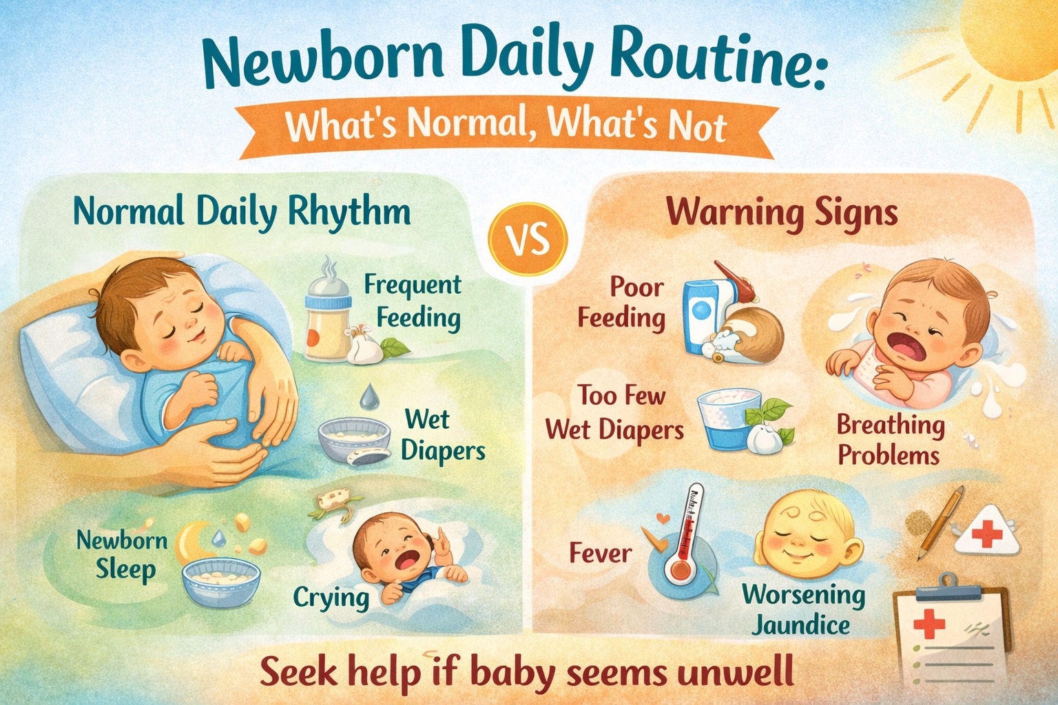  Evidence-based guide to a newborn's daily routine, including feeding, sleep, nappies, crying, wake windows, and red flags that need medical attention.