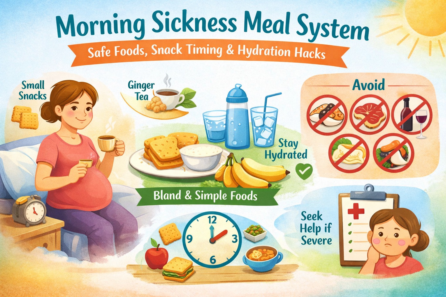  Evidence-based guide to a morning sickness meal system, including safe foods in pregnancy, snack timing, hydration hacks, and when to seek medical help.