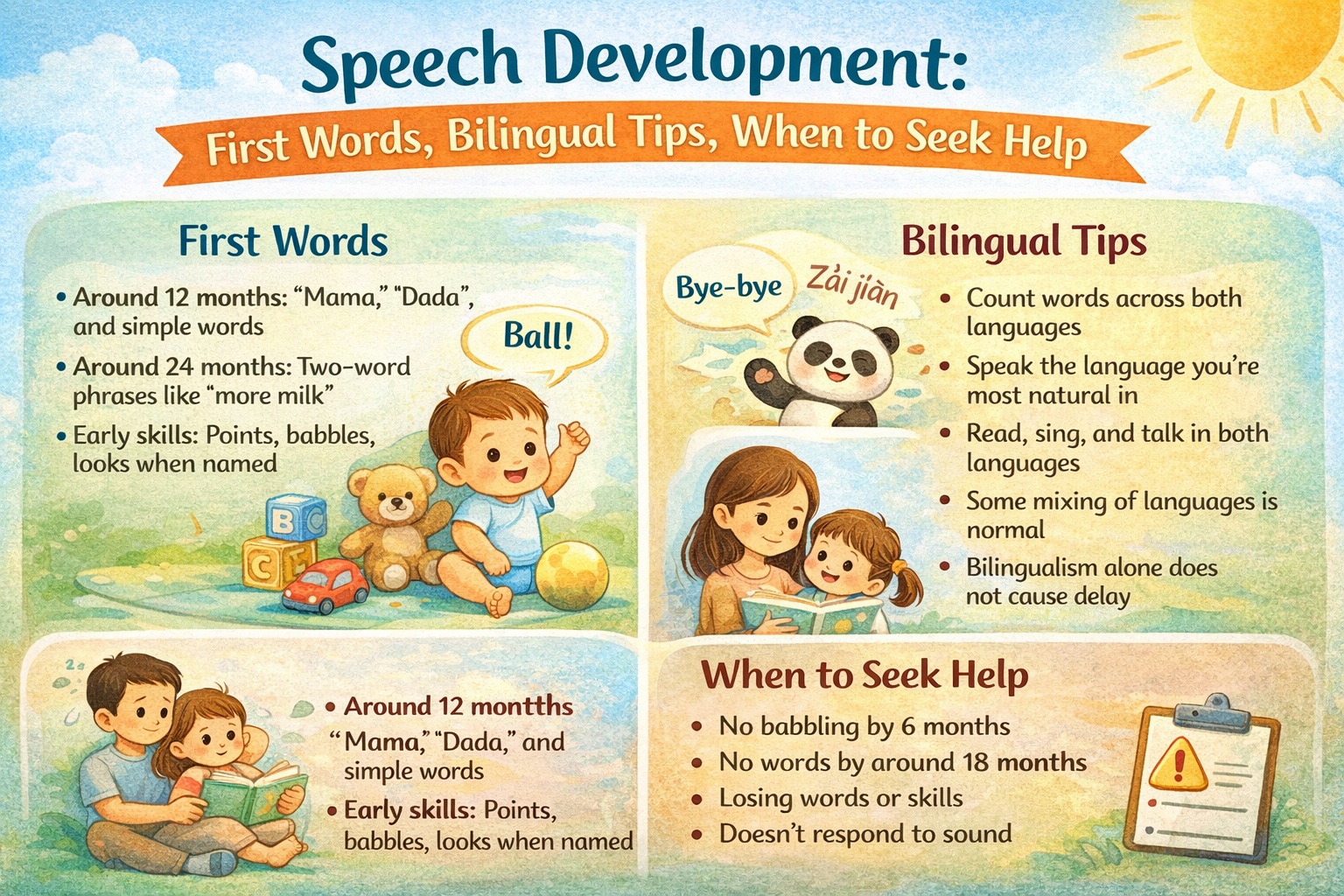 Evidence-based guide to speech development, first words, bilingual tips, and when to seek help for speech or language delay.