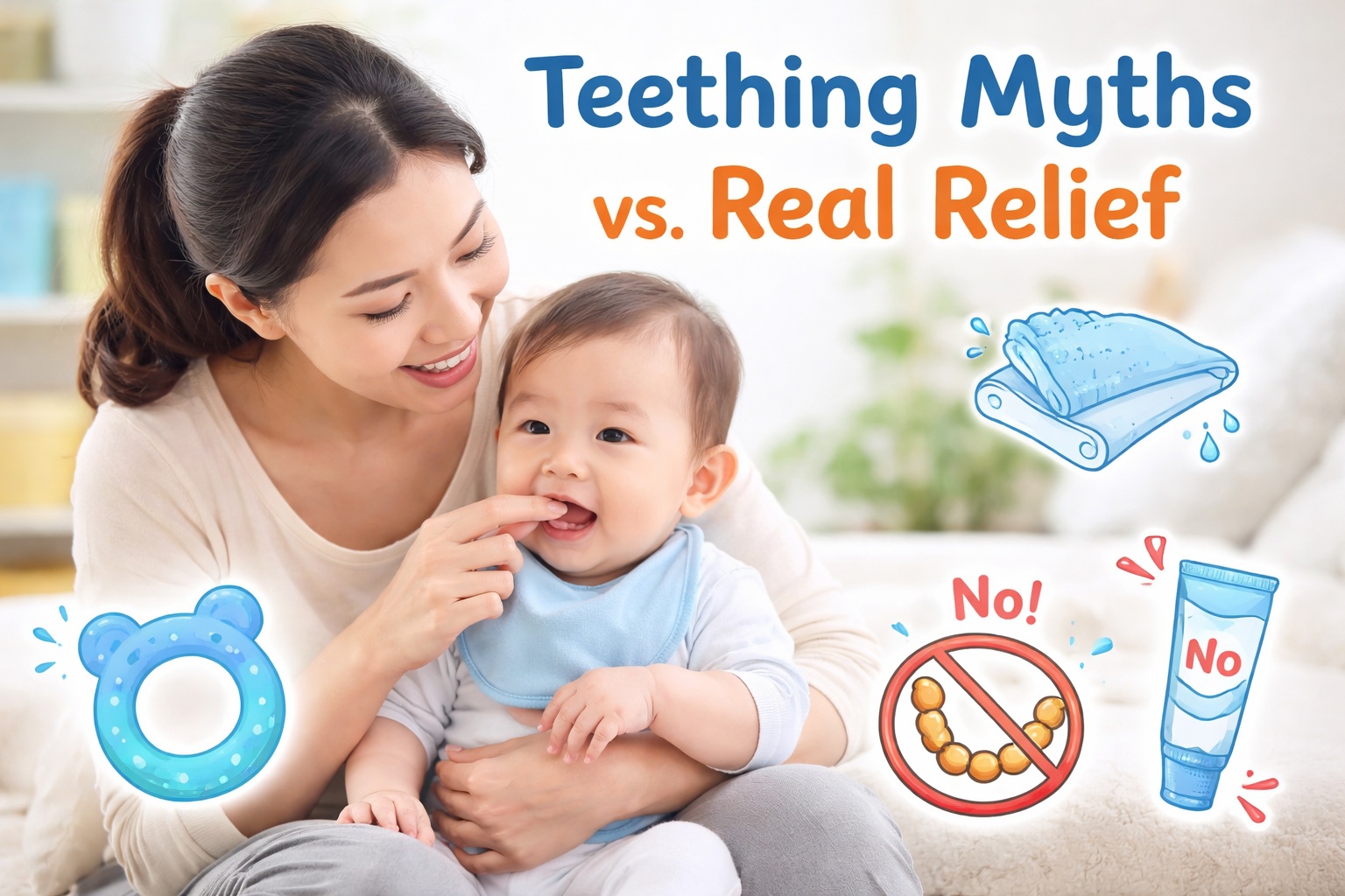 Evidence-based guide to teething myths vs real relief. Learn what teething can cause, what it usually does not cause, and safe ways to soothe sore gums.