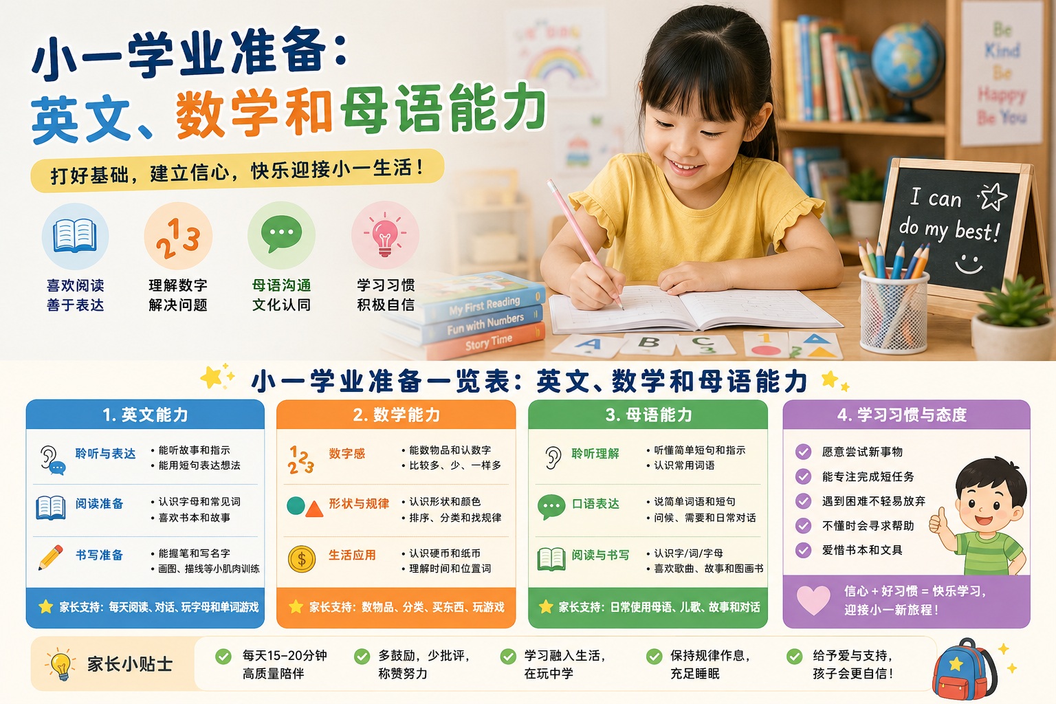 小一学业准备：英文、数学和母语能力